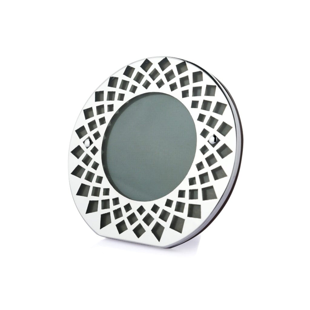 Photo Frame Aura edges a circular silver frame with a diamond lattice border - white background