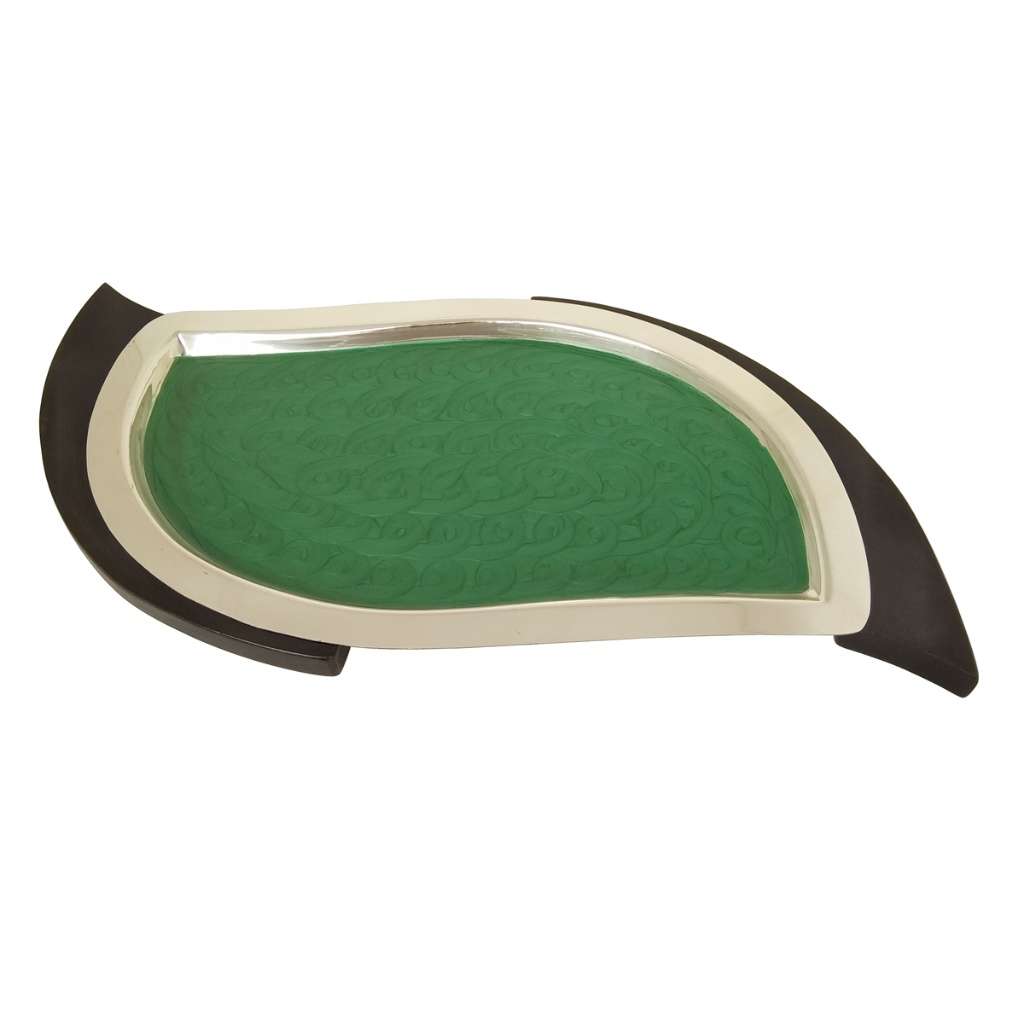 Enamel Tray Iris is a leaf-shaped silver tray with a green enamel bed set inside a gleaming mirror-polished rim - white background