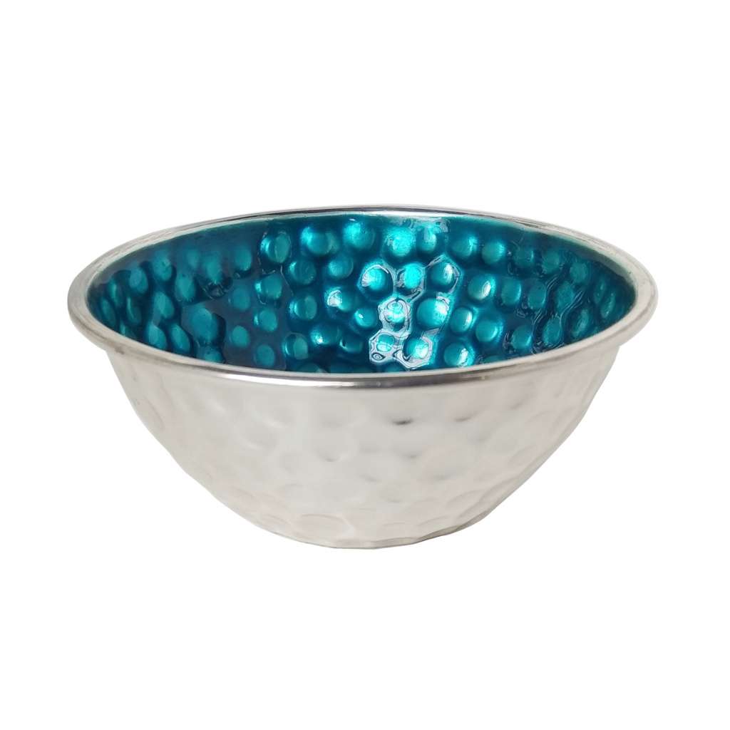 Enamel Bowl Bubble covers a small silver bowl inside and out in a dimpled, bubble-textured surface - white background