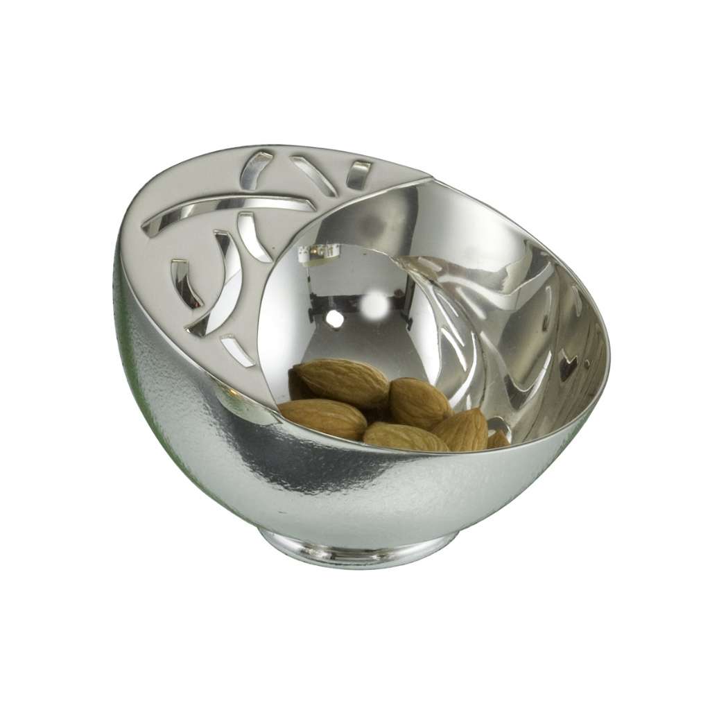 Bowl Sloping tilts a small silver bowl at an angle on a narrow pedestal foot - white background