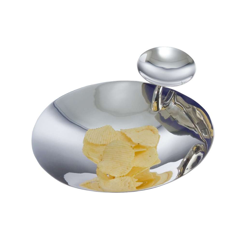 Bowl Chip And Dip pairs a wide, shallow oval silver dish for chips with a small raised bowl on a curved - white background