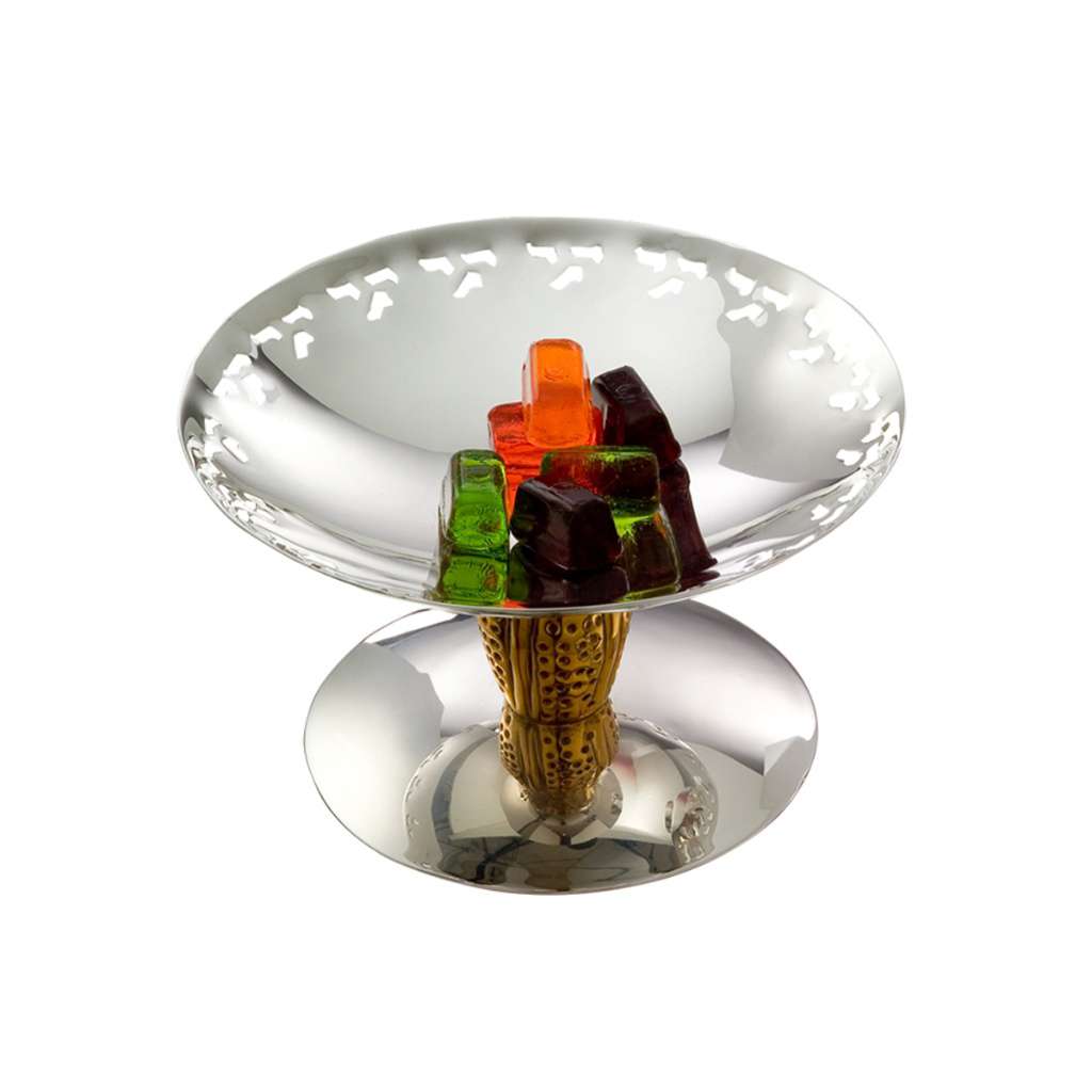 Bowl Candy Dish With Cutouts sets a silver dish on a decorative brass-toned pedestal shaped like a corn cob, raising it well above the table - white background