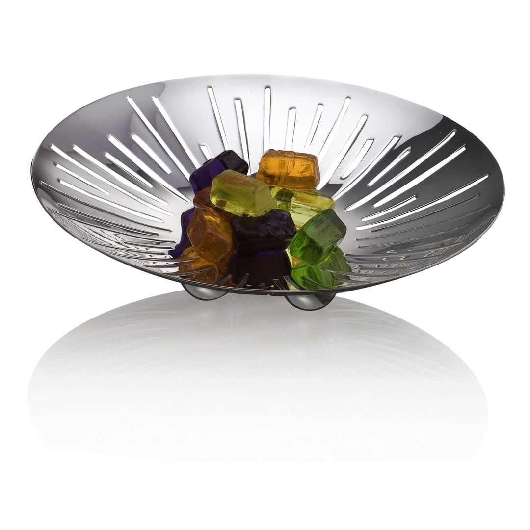 Bowl Candy Dish Radiance is a silver bowl that fans a sunburst of radial cutouts around a shallow well - white background