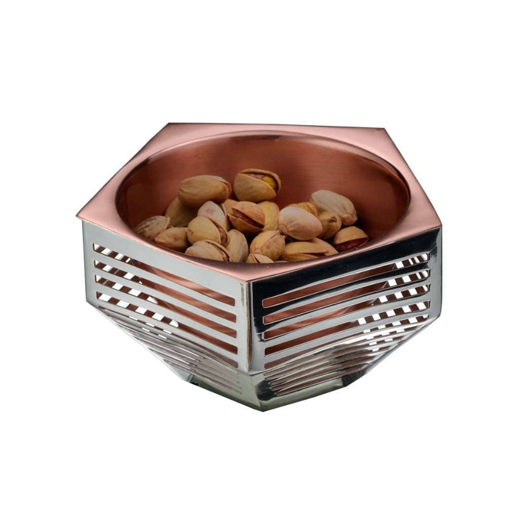 Bowl Nut Chasm is a silver bowl that takes its hexagonal shape from a nut and bolt - white background