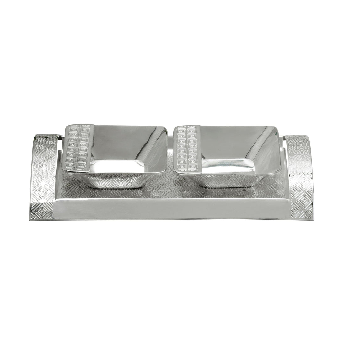 Tray Signature with Two Bowls is a silver tray that nests two square bowls into a rectangular base - white background