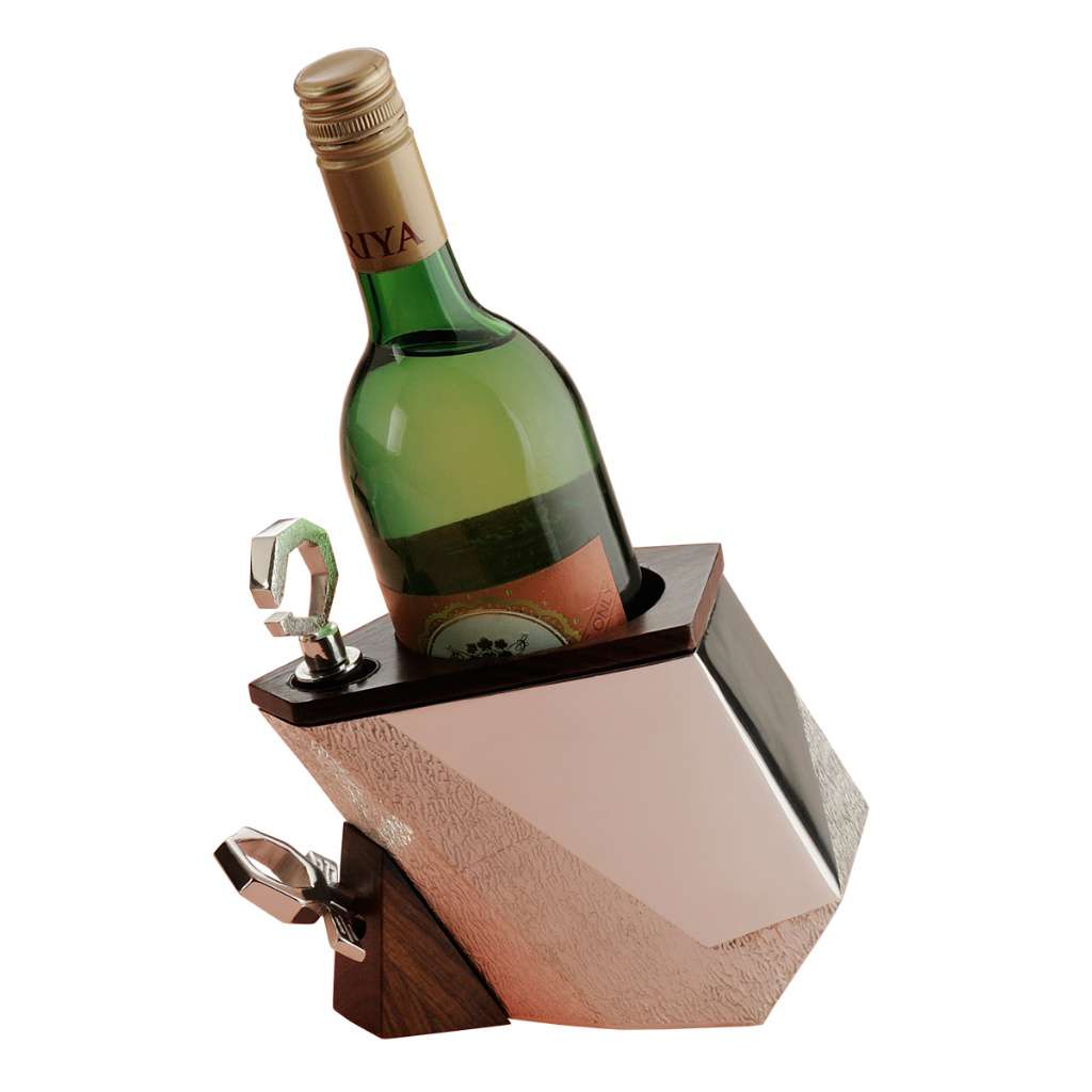 Wine Bottle Holder Braque is a faceted silver wine bottle holder that tilts a bottle at a dramatic angle - white background
