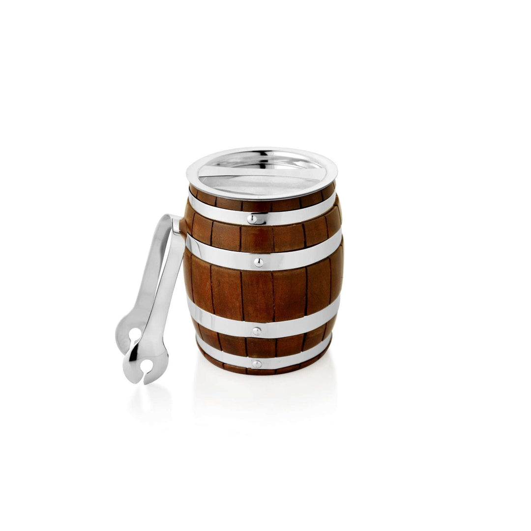 Ice Bucket Keg is a silver ice bucket shaped like a miniature wood barrel, its vertical wood staves held - white background