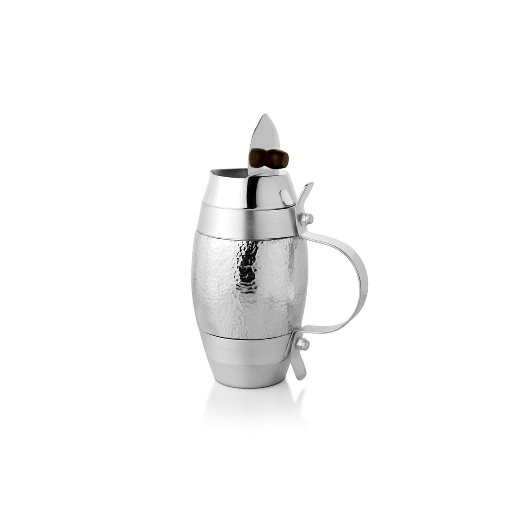 Jug Cask is a silver jug shaped like a whiskey barrel - white background