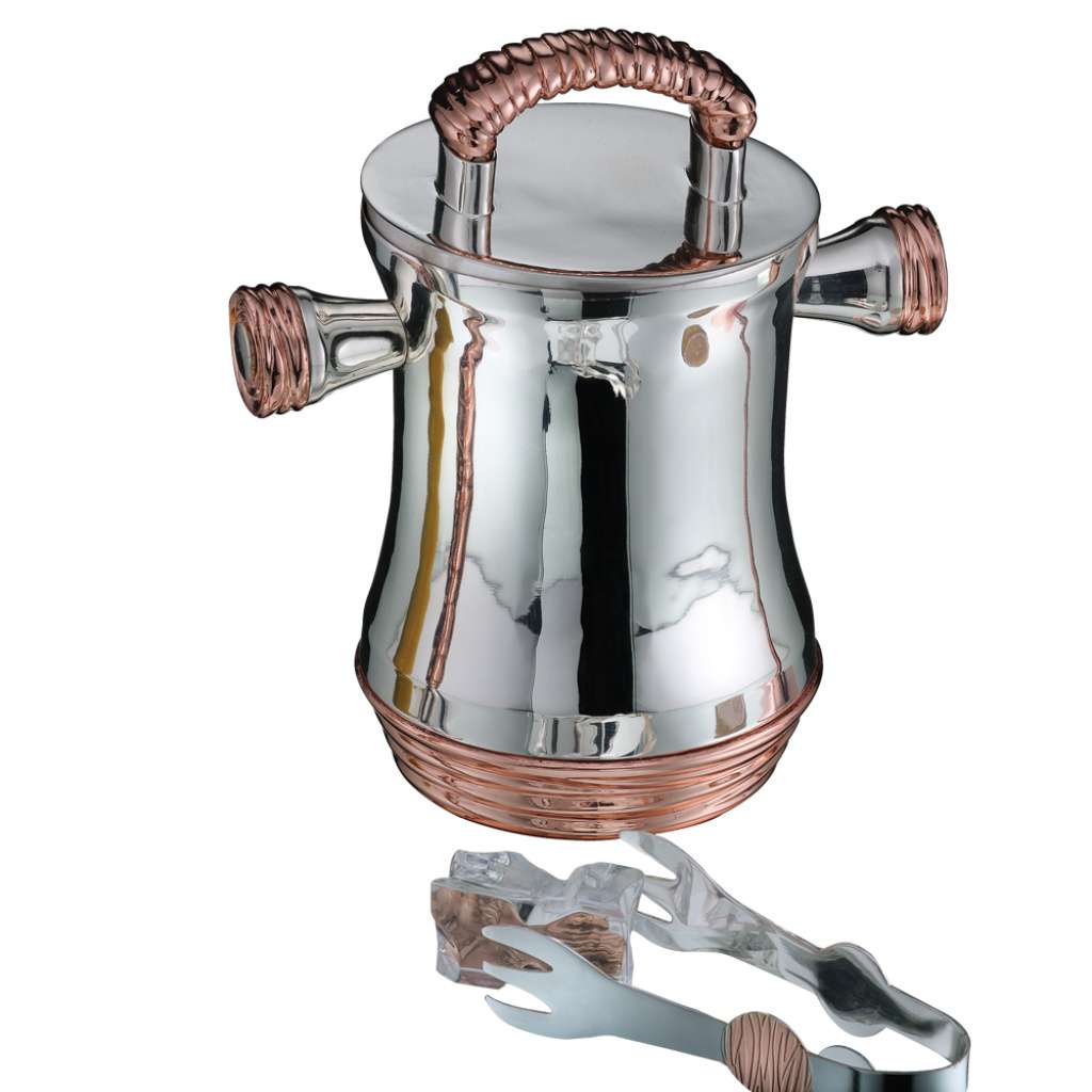 Ice Bucket With Tong Congo pairs a tapered silver ice bucket with a twisted copper handle on top and two matching copper spouts on either side for easy pouring off melted ice - white background