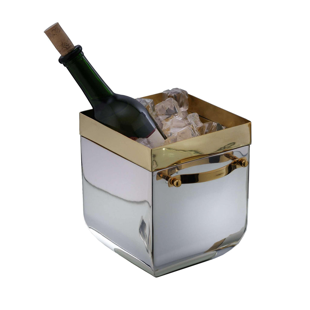 Wine Cooler Aurum is a mirror-polished silver wine cooler in a square-tapered shape, with a bold gold-toned rim - white background
