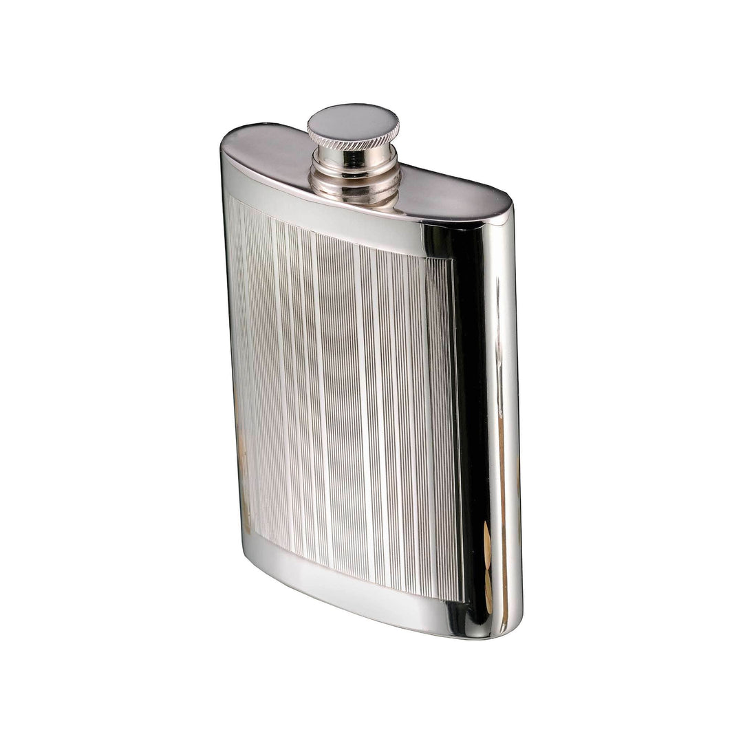 Whiskey Flask Old Boy curves a silver flask with a fine ribbed panel across its front and a screw-top cap - white background