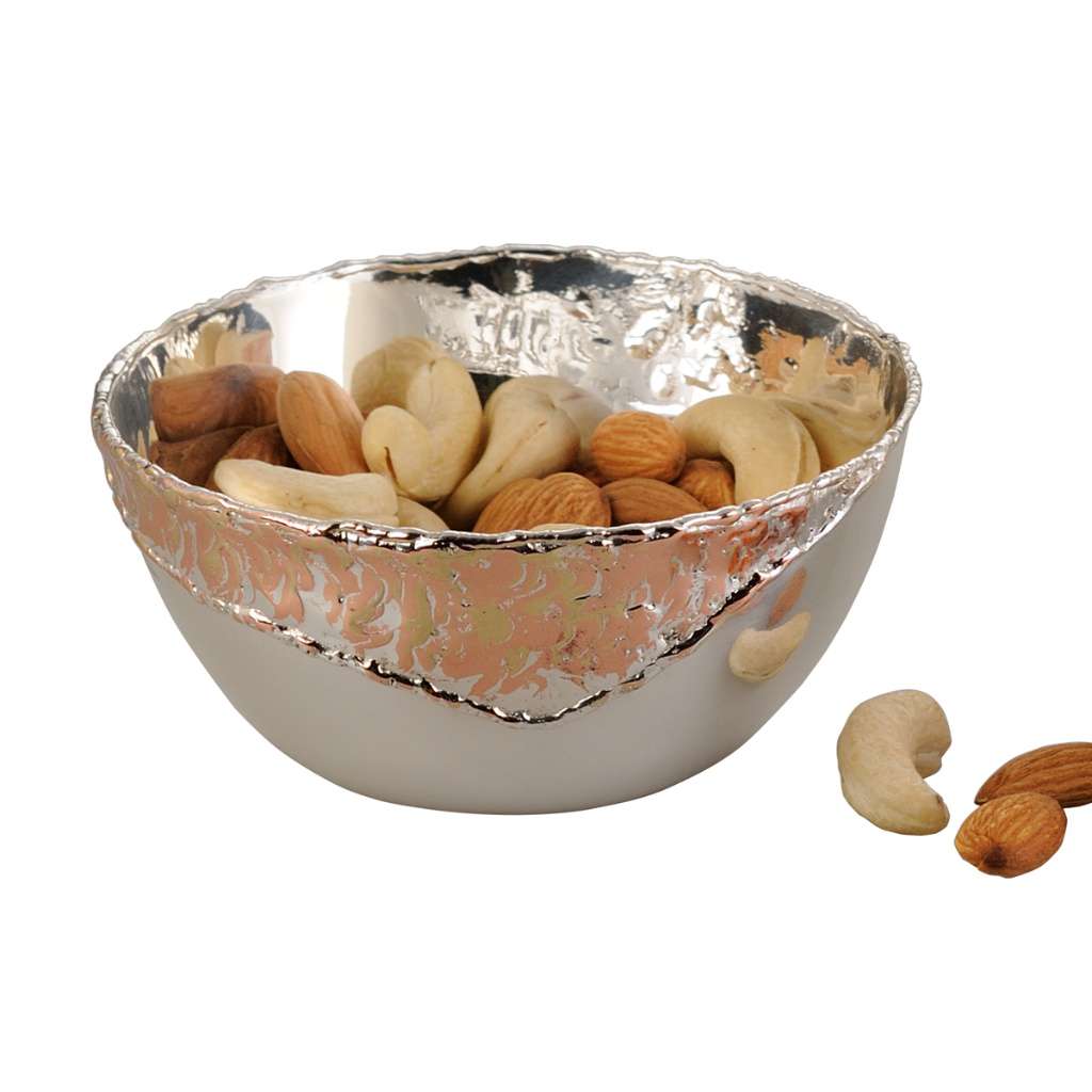 Bowl Nut Round Desire is a silver nut bowl pairing a smooth mirror-polished body with a rough - white background