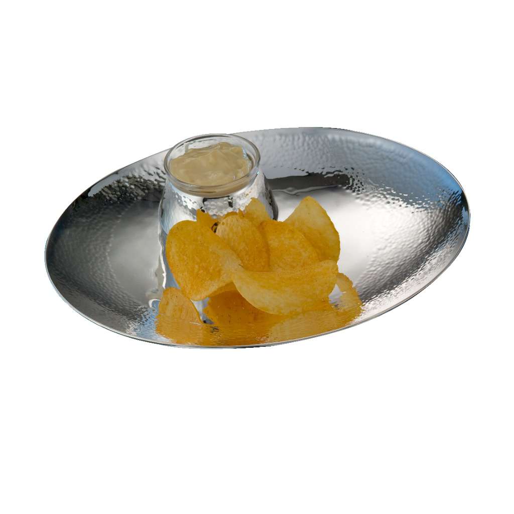 Bowl Chip And Dip Cosmos is an oval silver bowl in a hammered finish - white background