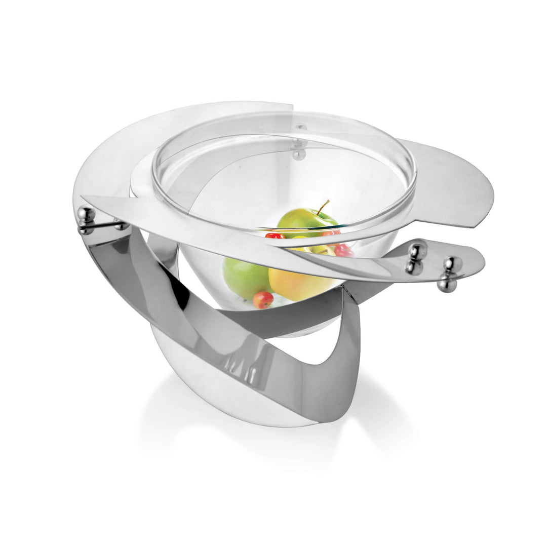 Bowl Trinity is a silver bowl formed from three interlocking rings that curve around each other to cradle a glass insert at the centre - white background