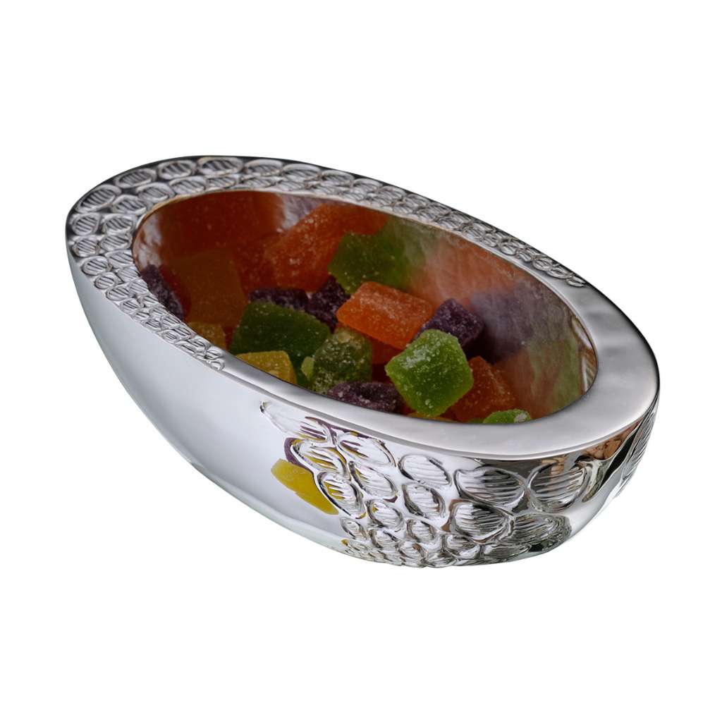Bowl Pebble Candy Dish Oval covers the exterior of this deep, oval silver candy bowl in a rounded pebble-like textured pattern - white background