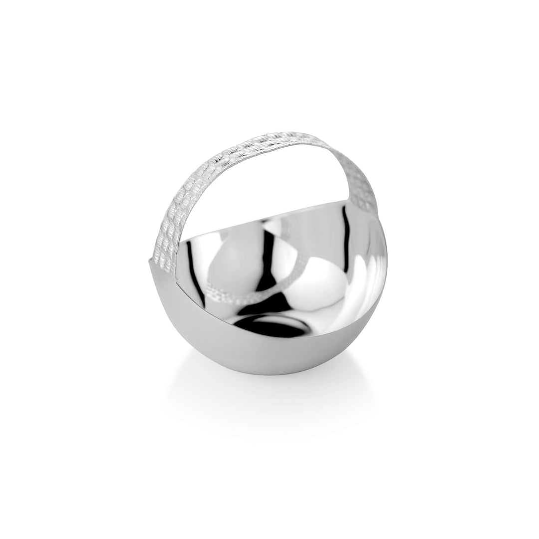 Bowl Silo tops this rounded, spherical silver bowl with an arched handle carrying a brick-like textured pattern inspired by grain silo walls - white background
