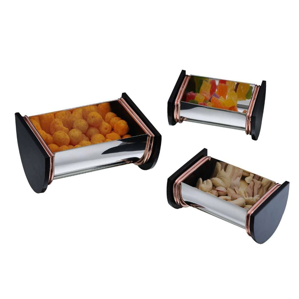 Bowl Cradle Set Of 3 gathers three individual rectangular silver trays, each set on rounded black wood - white background