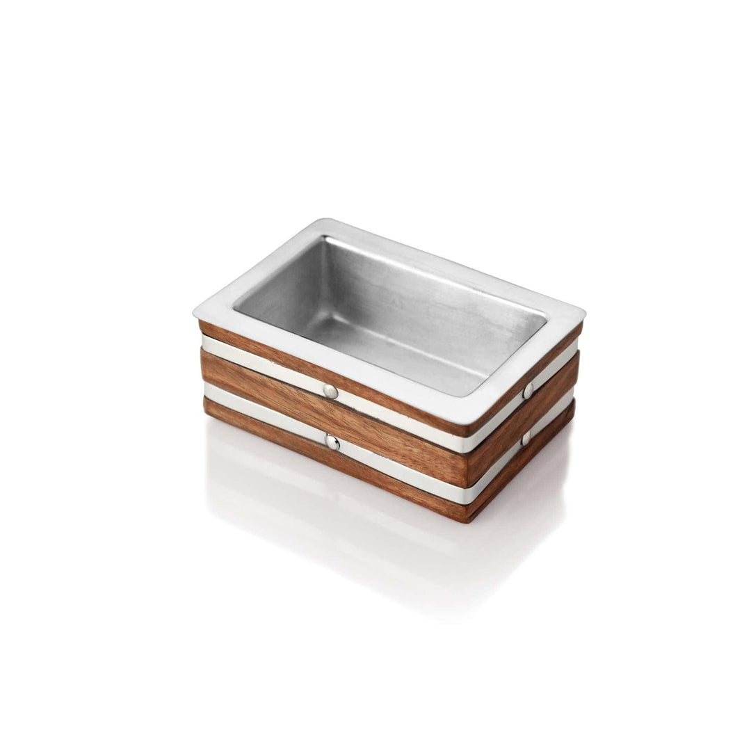 Bowl Nut Keg takes the shape of a small wooden keg for this silver nut bowl, its dark wood staves banded by silver strips and rivets - white background