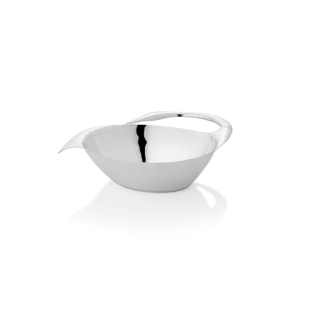 Bowl Flamingo gives this silver bowl the curved neck and profile of a flamingo through a tall arched handle and a pointed beak-like spout - white background