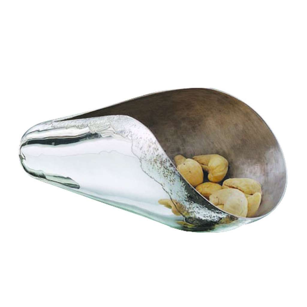 Bowl Cone defines this silver bowl with an elongated horn shape, mirror-polished on the outside while the interior is left in a warm - white background