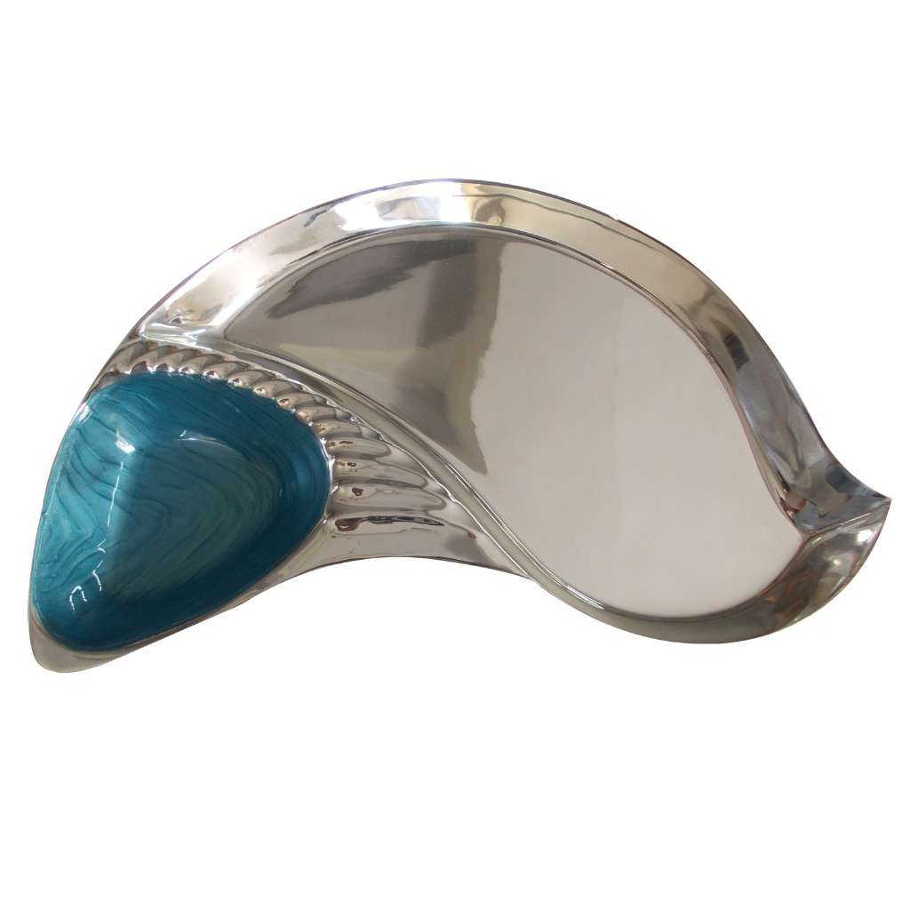 Dish Sparrow curves this silver dish in a single sweeping line, one end finished in a swirled teal enamel accent - white background
