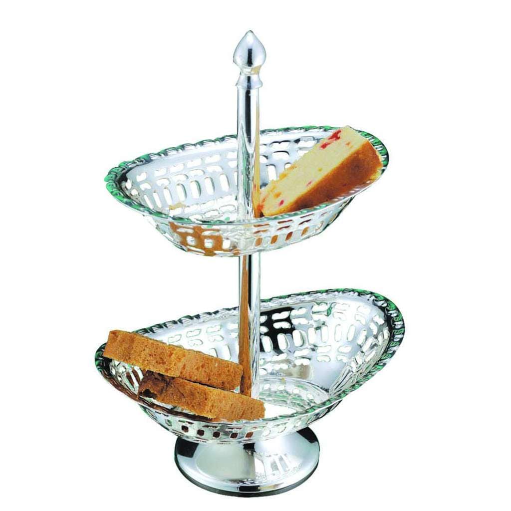 Basket Vintage 2 Tier rises two oval tiers on a single central pillar in this silver basket - white background