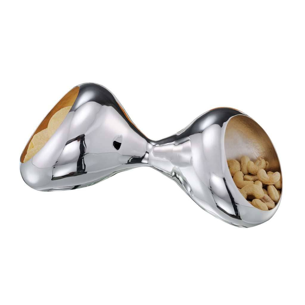 Bowl Zwei joins two rounded scoops at a narrow waist in this silver bowl, so one piece serves two different snacks side by side - white background