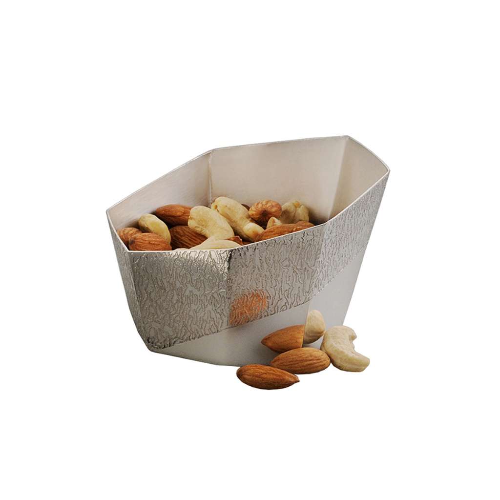 Bowl Nut Braque gives this silver nut bowl a faceted, angular body for a sharper, more architectural look than a rounded dish - white background