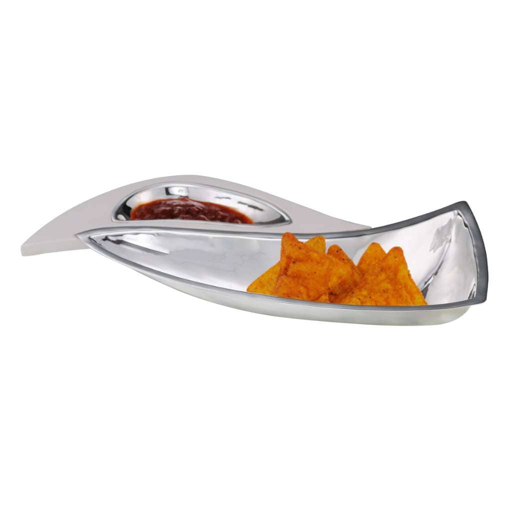 Bowl Chip And Dip Adrift shapes this silver chip and dip bowl into a single sweeping wave - white background