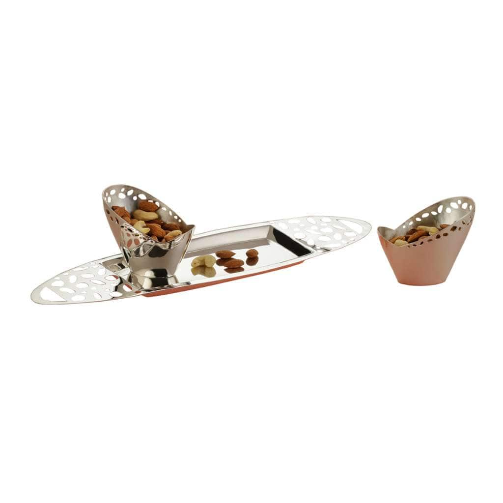 Tray Oval Pebble With 2 Bowls is a silver tray and two matching nut bowls - white background