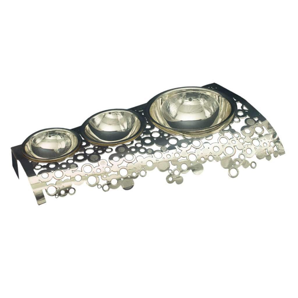 Chip N Dip Bubble nests three graduated silver bowls, each with a warm brass-toned rim, into a flat tray - white background