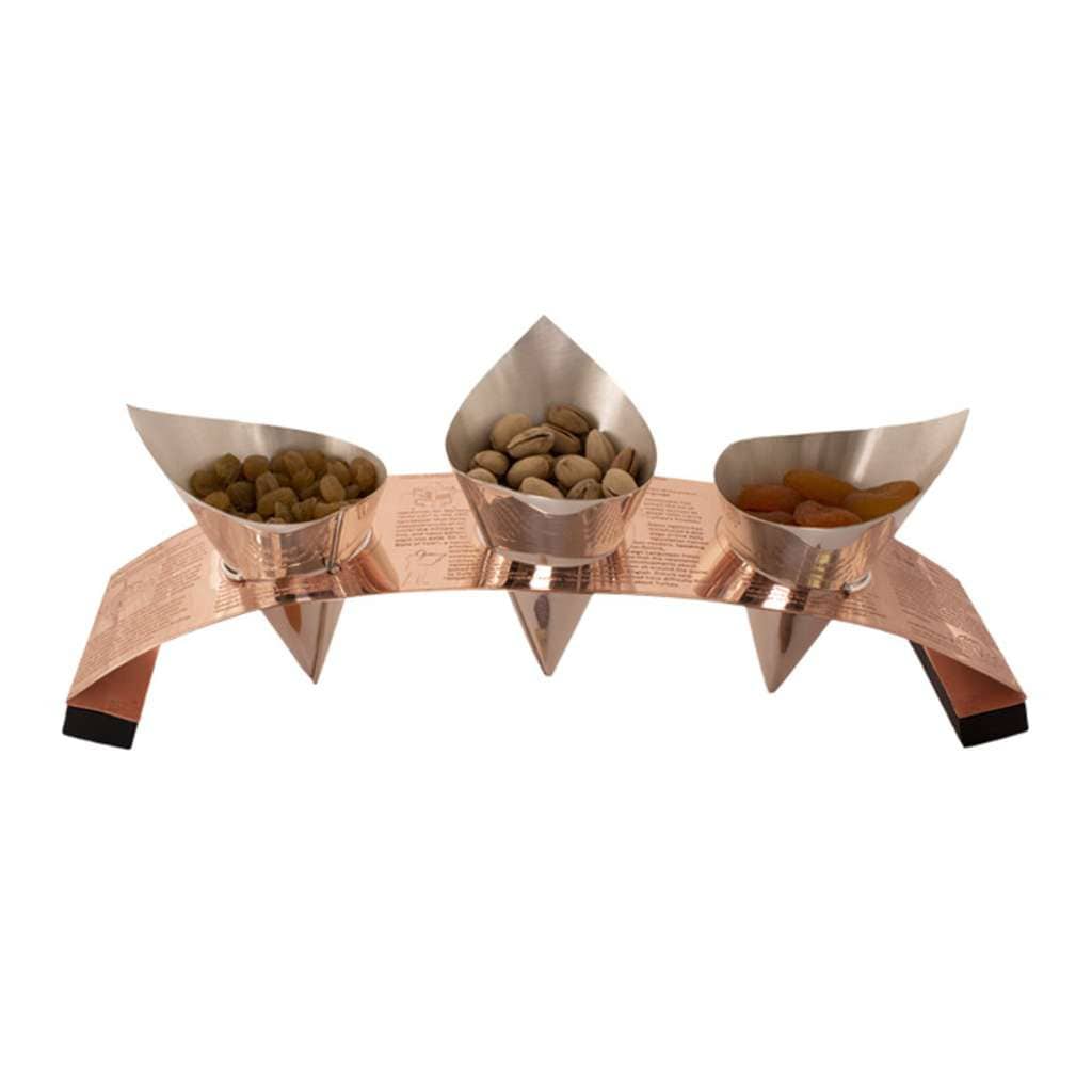 Chip N Nut Cone Set holds three flame-shaped silver cone bowls with a brushed finish, arched over a curved, copper-toned base - white background