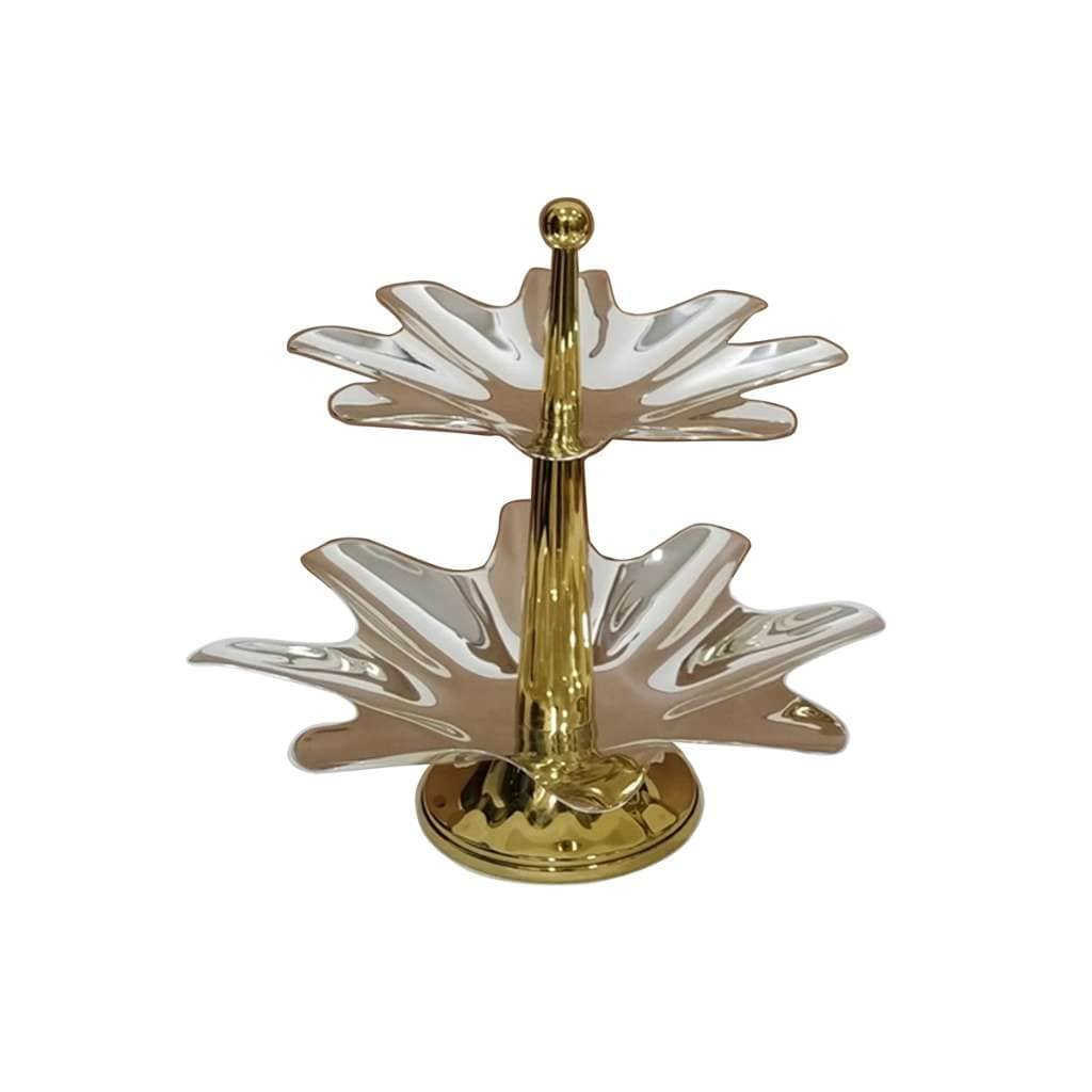 Platter Flower is a silver platter that stacks two flower-shaped tiers on a single stand - white background