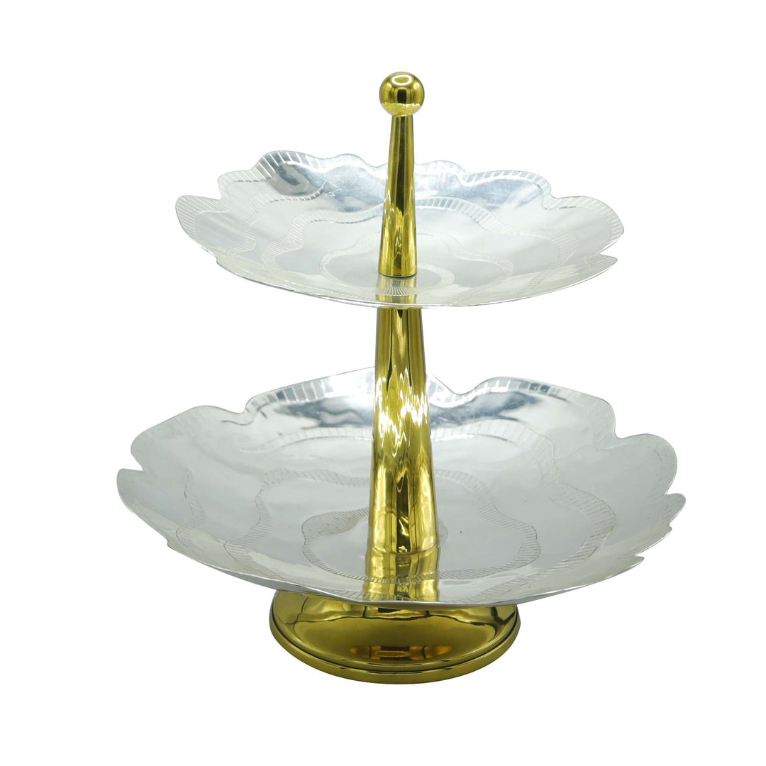 Spiral Double Dish stacks two scalloped, leaf-edged silver dishes on a slender brass pedestal - white background