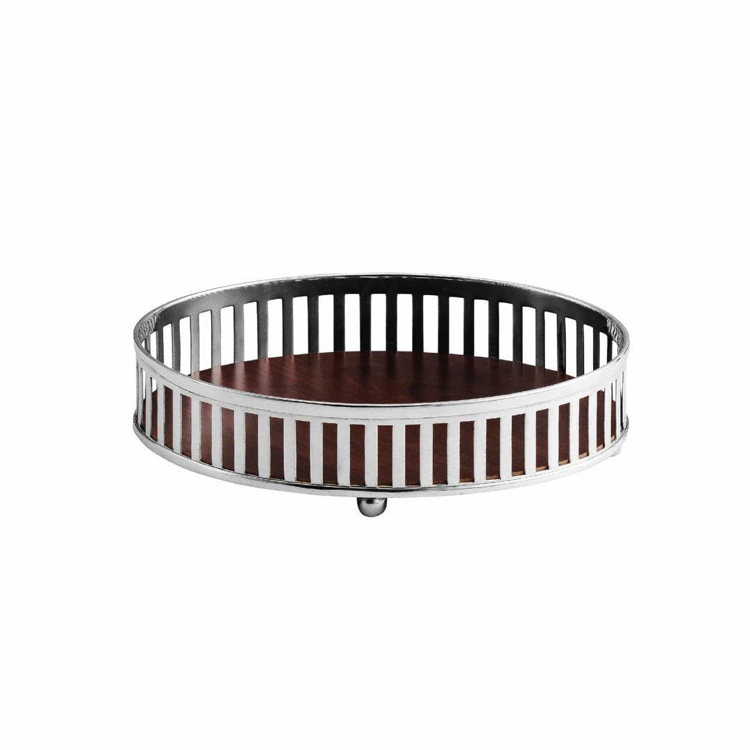 Gallery Bowl Oval is a silver bowl that pairs a slatted rim with a warm wood-toned base peeking through underneath - white background