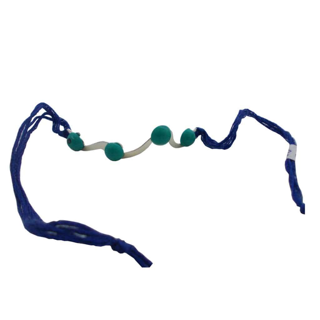 Rakhi Emerald is a silver rakhi with four green beads set along a twisted bar on a royal blue braided thread. - white background