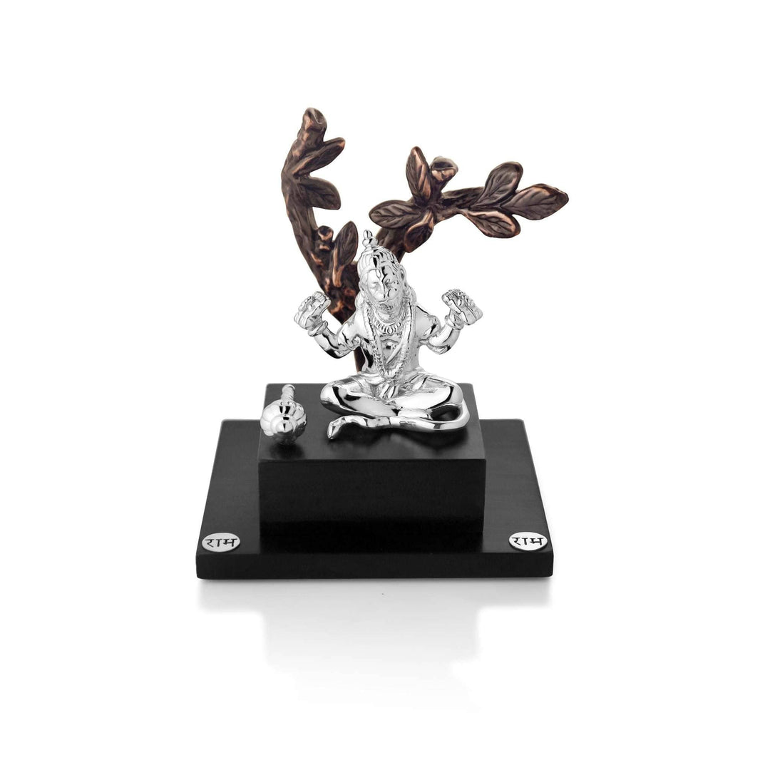 Hanuman With Copper Tree seats a sterling silver Hanuman idol in meditation beneath a stylised copper-toned tree - white background