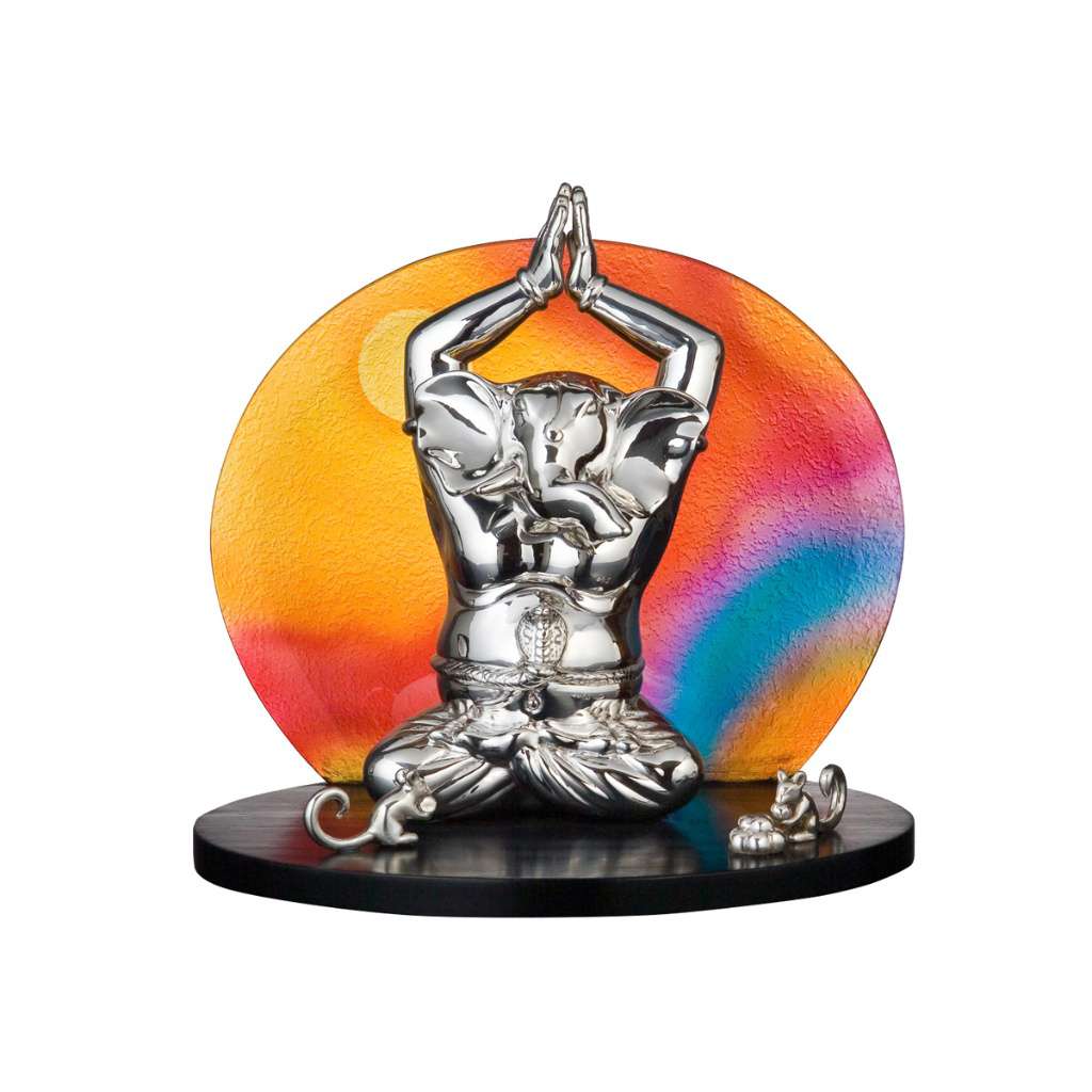 Ganesh Yogic sits Ganesha cross-legged in meditation with hands folded above his head, framed by a vivid sunburst backdrop with a small mouse companion at his side - white background