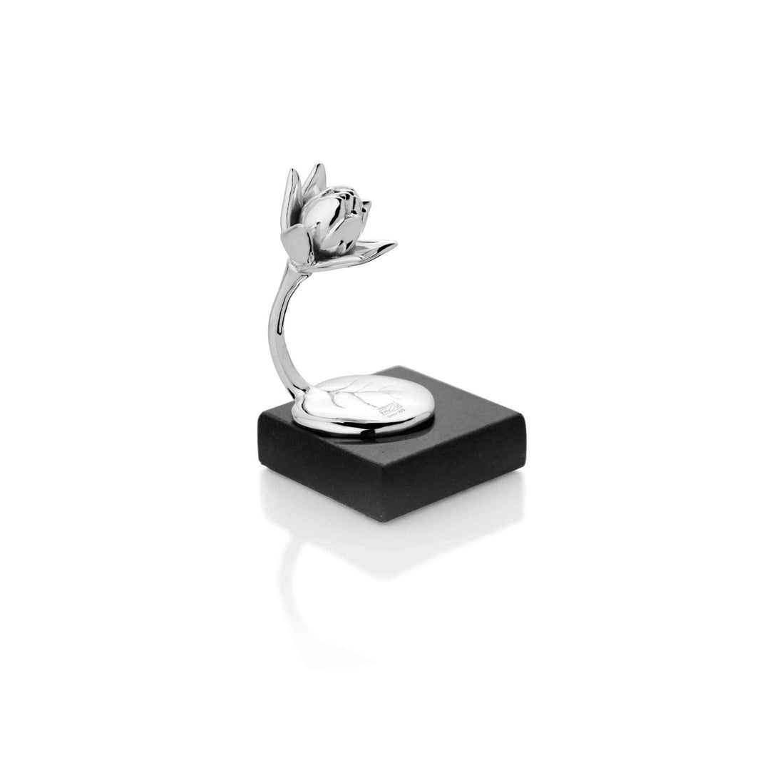 Lotus Incense Holder On Stand is a sterling silver incense holder topped with a single lotus in bloom - white background