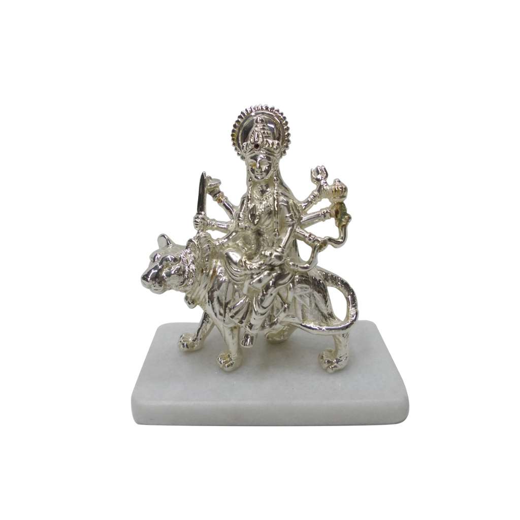 Durga Mata With Stone Base shows a sterling silver idol of the goddess seated on her lion - white background