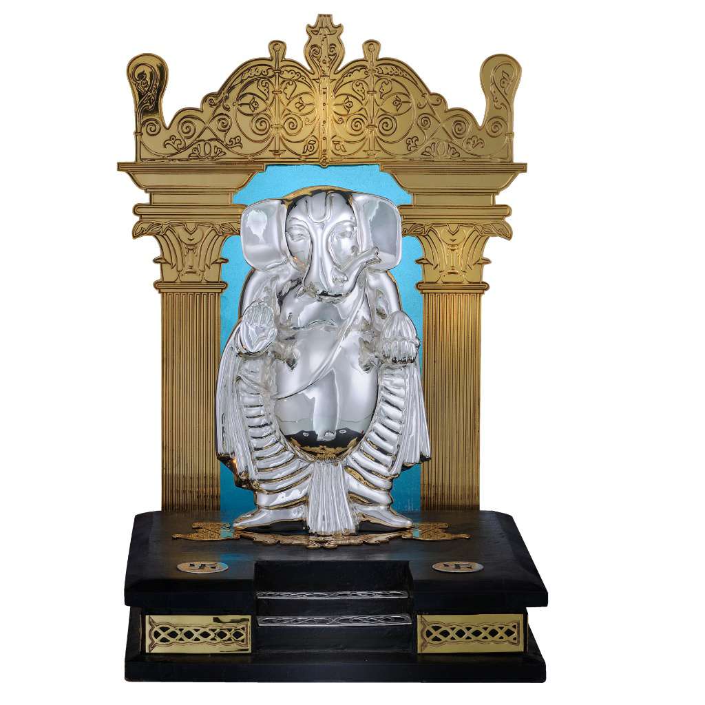 Ganesh Vidhwan stands within a gold-toned mandir arch - white background