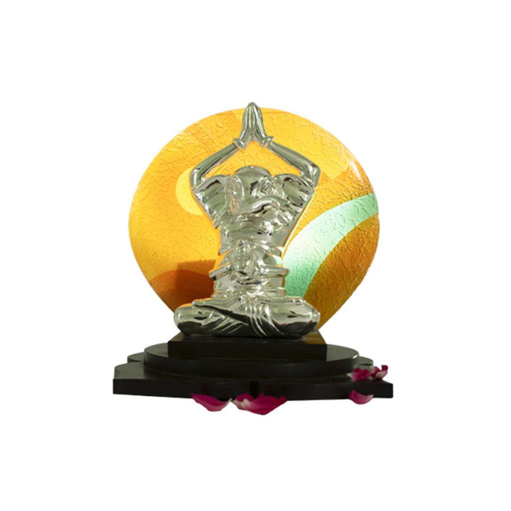 Ganesh Bhor Yogi is a sterling silver Ganesha idol with palms joined overhead in a yogic pose - white background