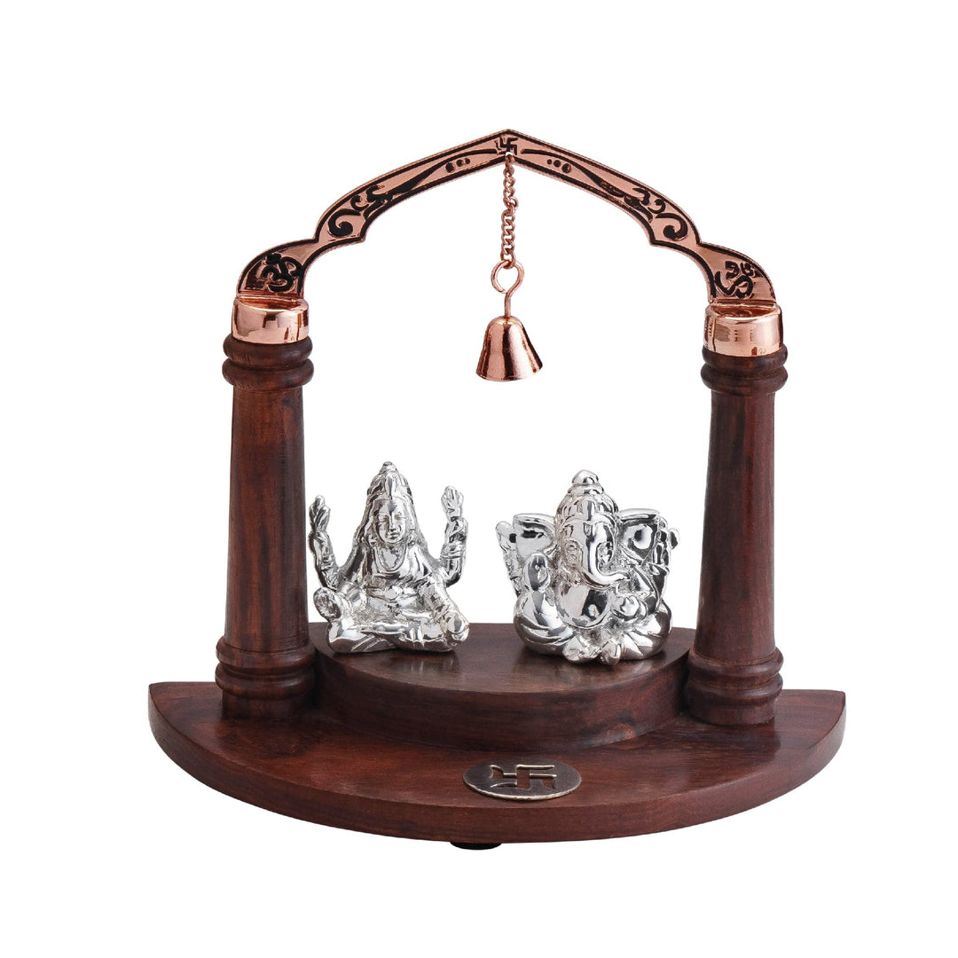 Laxmi Ganesh Mandir brings Lakshmi and Ganesha together as a sterling silver idol beneath a carved wooden arch – Small