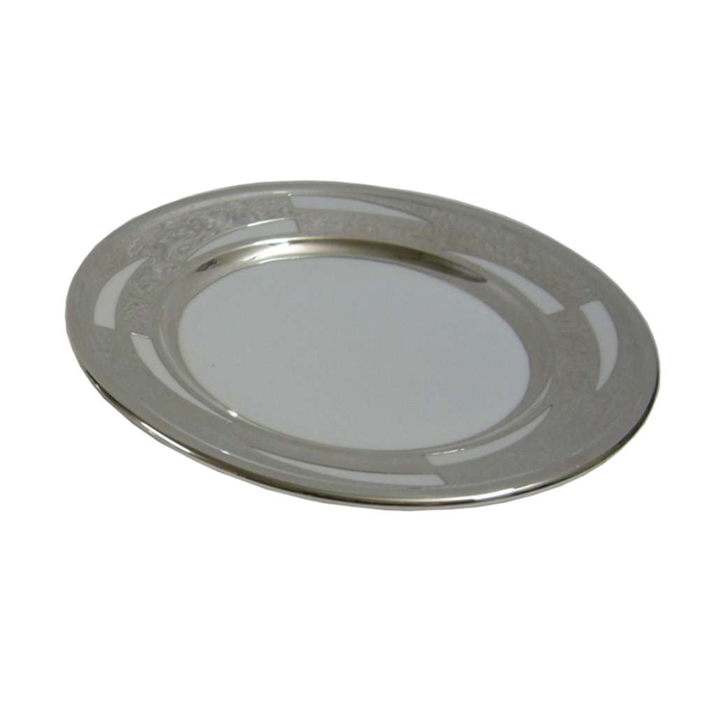Dinner Plate Porcelain is a sterling silver plate that centres a soft white porcelain well inside a mirror-polished silver rim - white background