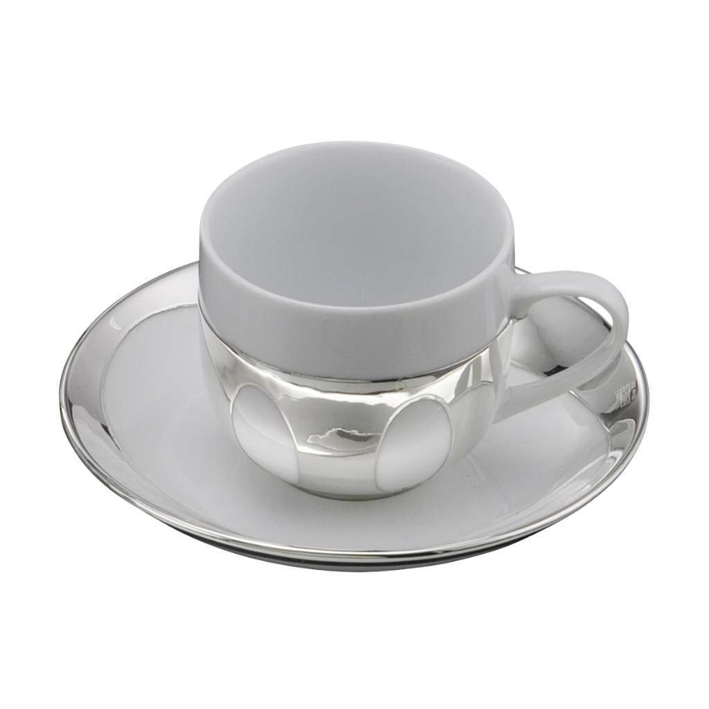 Cup Saucer Porcelain is a silver cup and saucer set - white background