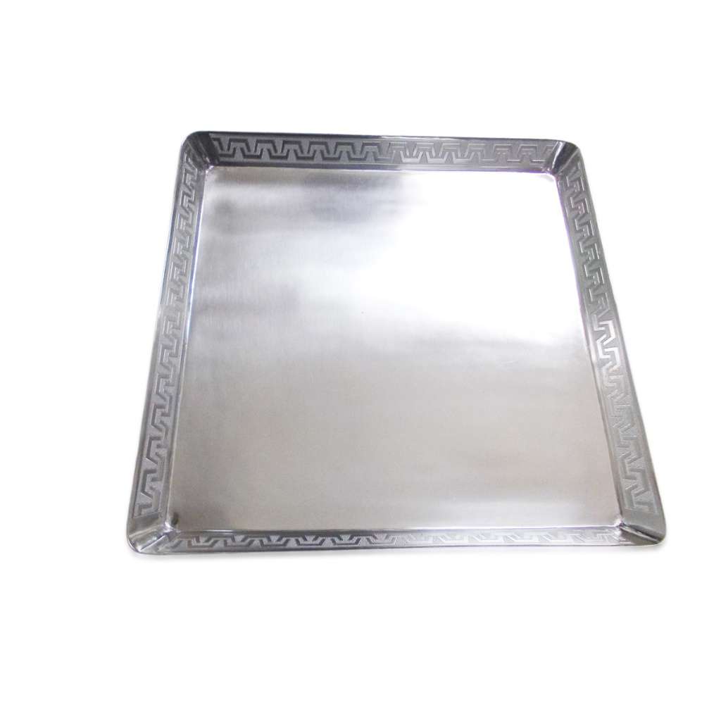Zeus Platter is a silver serving platter with a square silhouette and an engraved Greek key border, framing a wide, brushed centre - white background