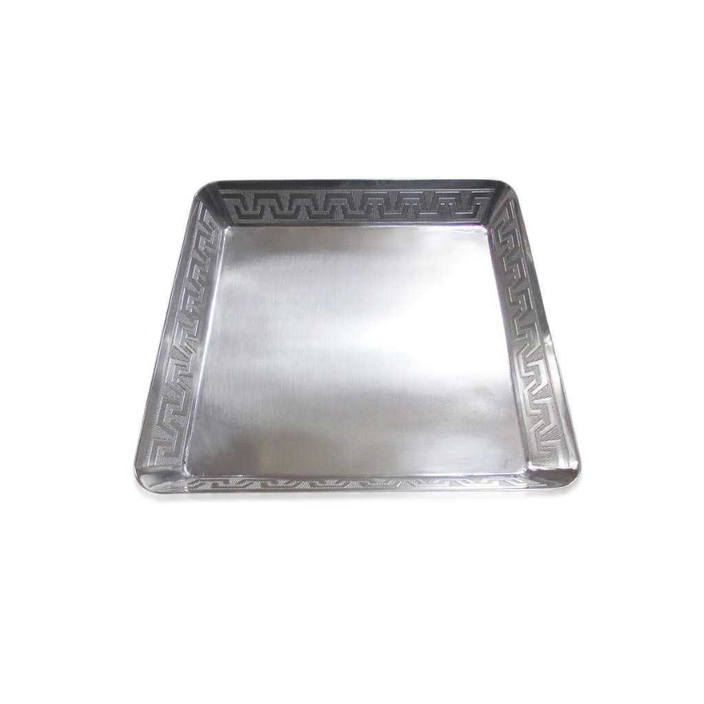 Zeus Quarter Plate is a silver plate with a square silhouette and the same engraved Greek key border as the rest of the line - white background