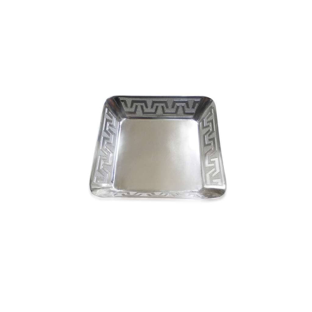 Zeus Bowl Halwa is a silver dish with a square shape and engraved Greek key border, framing a plain, brushed centre - white background