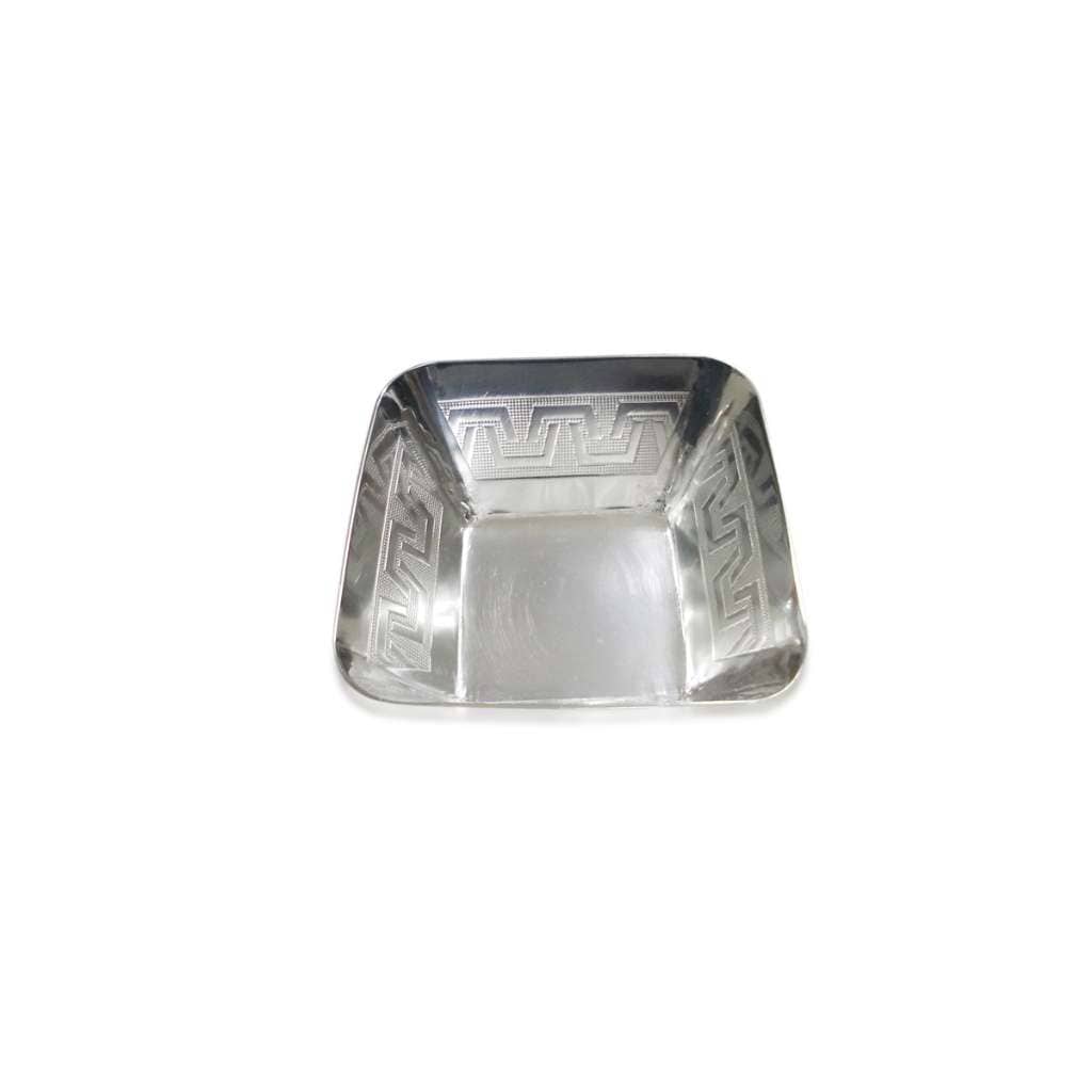 Zeus Katori is a silver bowl with a square silhouette and a Greek key pattern engraved around its inner walls - white background