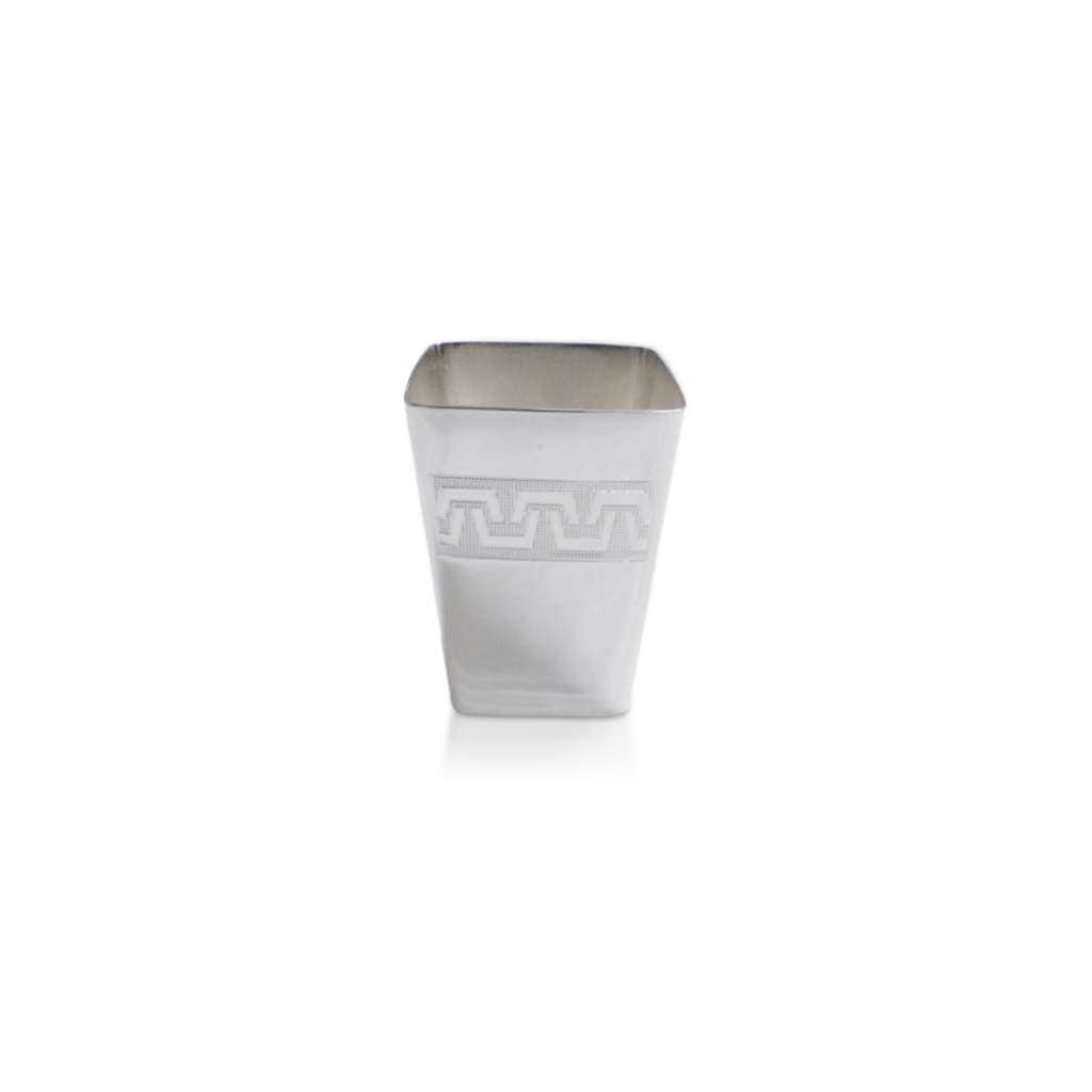 Zeus Tumbler wraps a dotted Greek-key band around the squared, tapering body of this silver tumbler, narrowing toward its base – Small